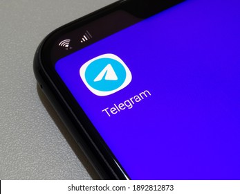 São Paulo, Brazil - January 13, 2021: Cell Phone With Telegram Application, For Sending Messages, Files, Voice And Videos. Competitor Of WhatsApp And Signal Messenger.