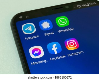 São Paulo, Brazil - January 13, 2021: Cell Phone With Signal Messenger, Telegram, WhatsApp, Instagram, Facebook And Messenger Applications, All Competing For Sending Messages, Files, Voice And Videos.