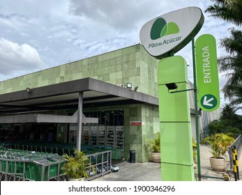 São Paulo, Brazil - January 16, 2021:  Entrance to a Pão de Açúcar unit and close up on the sign with brand. The supermarket chain is one of the biggest in Brazil.