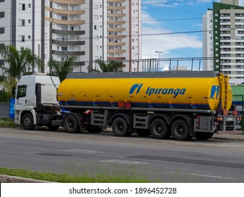 São Paulo, Brazil - January 17, 2021: Fuel Transport Truck. Ethanol, Gasoline And Diesel, From The Ipiranga Chain (posto Ipiranga). Fuel Price Increase. Fuel Crisis