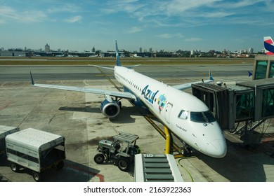 São Paulo, Brazil: May 24, 2022: Azul Brazilian Airlines Plane Stopped At Congonhas Airport Terminal.