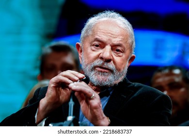 SÃO PAULO, BRAZIL - October 2, 2022: Brazil's Former President Luiz Inacio Lula Da Silva, Who Is Running For Office Again During An Event After General Election Polls Closed.