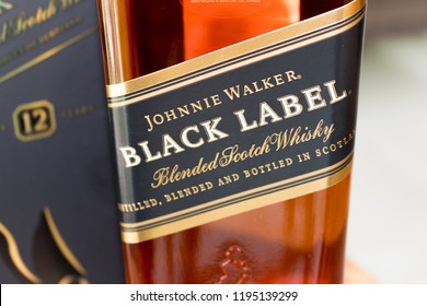 São Paulo, Brazil - October 2018: Johnnie Walker Black Label scotch whiskey bottle. 12 years.