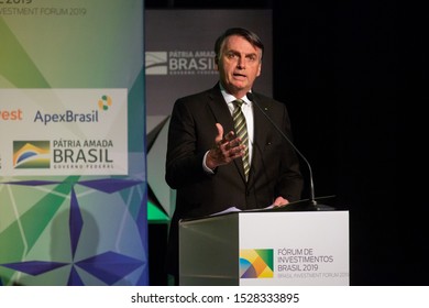 São Paulo, Oct 10, 2019Brazilian President Jair Bolsonaro takes part in the Brazil Investment Forum 2019, at WTC Events Center.