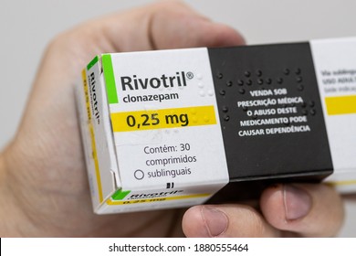 São Paulo, SP, Brazil - 12 December 2020 - Rivotril Clonazepam pills anxiety and depression drug editorial image