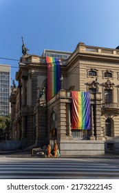 São Paulo, SP, Brazil, JUN 29, 2022, São Paulo, SP, Brazil, JUN 29, 2022, Flag Of The LGBTQIA+ Cause Hanging In The Municipal Theater Of The City Of São Paulo