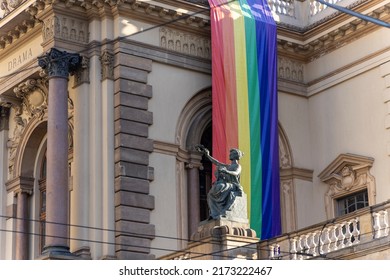 São Paulo, SP, Brazil, JUN 29, 2022, Flag Of The LGBTQIA+ Cause Hanging In The Municipal Theater Of The City Of São Paulo