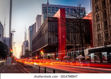 São PauloSPBrazil - 09 06 2020: Masp, Arts Museum On Paulista Avenue At Dusk With Car Lights In Time Lapse. Translation: 