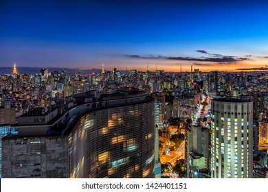 São Paulo/SP/Brazil - June 03rd 2019: Aerial Panorama View Of The City In High Quality At Night, Seen From Terraço Itália (Famous Restaurant With Roof Top) Overlooking COPAN Building From O. Niemeyer