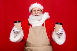 Pause Break Concept. Rejoice Emotions Cheerful Stylish Positive Handsome Glad Aged Grandfather Santa In Gloves White Beard Hold Two Hot Beverages Takeout Isolated On Noel Red Background