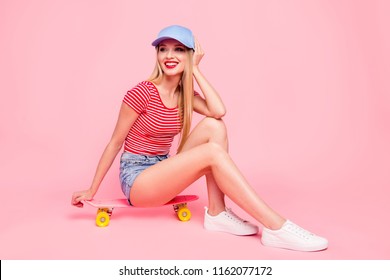 Pause chill out party leisure people person concept. Full length body size studio photo portrait of pretty attractive charming gorgeous lady sitting on long board isolated vivid background