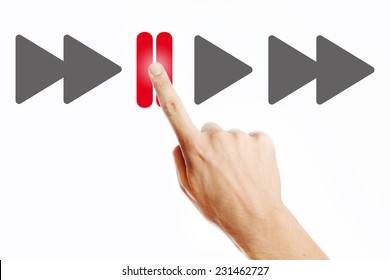 Pause, Male hand pressing pause button on the virtual screen - Shutterstock ID 231462727