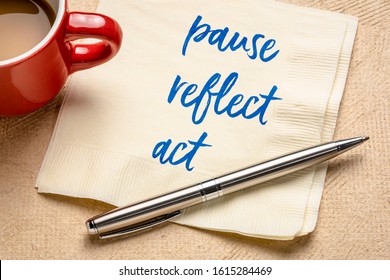 pause, reflect, act concept - inspirational handwriting on a napkin with coffee, business and personal development concept - Shutterstock ID 1615284469