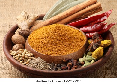Pav Bhaji Masala Powder is Ingredients for Pav Bhaji Masala a fast food from India, Thick and spicy vegetable curry, fried and served with a soft bread ,Bun Paav and butter. - Shutterstock ID 1752472214