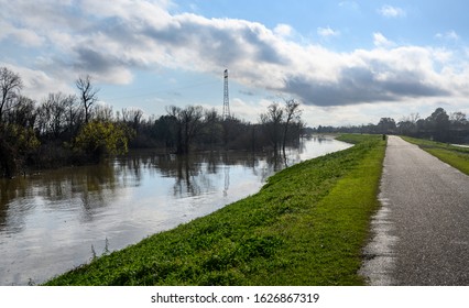 Paved bike path on top of earthen dike levee along Mississippi River in Louisiana  - Shutterstock ID 1626867319