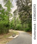 Paved exercise path through the woods with benches 