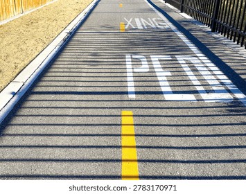 A paved path with yellow lines and white pedestrian crossing letters is covered in striped fence shadows with a sidewalk and dry grass on one side in bright sunlight