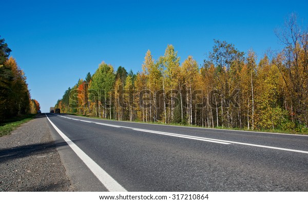 paved road in the autumn forest.Russia.\
Arhangelsk region.