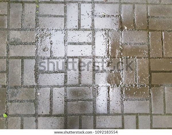 paved road from granite blocks in the rain, puddle\
of water on a paved path