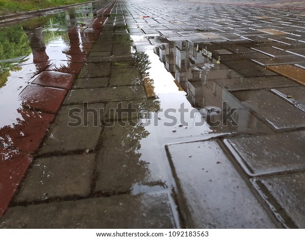paved road from granite blocks in the rain, puddle
of water on a paved path