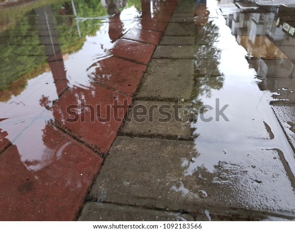 paved road from granite blocks in the rain, puddle\
of water on a paved path