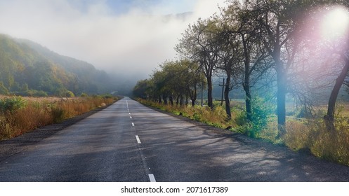 Paved Road In The Hills In The Morning. Sun Glare, Shadows From Trees. The Beginning Of Autumn In The Carpathians