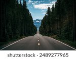 A paved road passing through dense forest with mountains in the background at Grand Teton National Park, Wyoming, USA