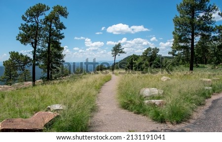 Paved walking path going through the grass and sparse trees up high with mountains in the distance.