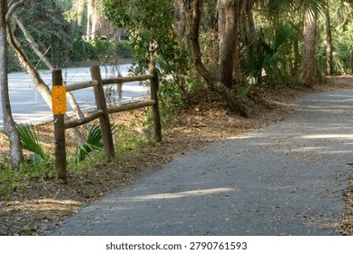 Paved walking path winding through a lush sub-tropical forest, bordered by a rustic wooden fence with a yellow sand dollar marker and a paved road, under dappled sunlight, creating a serene atmosphere.