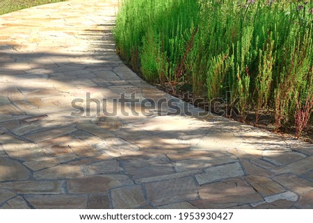Pavement from Tiled Limestone In Garden landscaping. Backyard Garden Shaded Footpath from Tiled Stone Slabs. Flagstone Walkway in The Garden. Shady Pathway From Stone Tiles In The Park.
