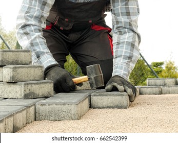 Paver Laying Driveway Pavement Out Of Concrete Pavement Blocks