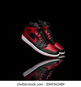 Pavia, Italy - January 31, 2021: Nike Jordan 1 Mid Banned 2020
 Shoes Studio Shot - Illustrative Editorial 