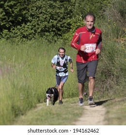 PAVIE, FRANCE - MAY 18: A Dog Leads A Runner Who Is Visually Impaired On A Countryside Path At The Trail Of Pavie, On May 18, 2014, In Pavie, France. 