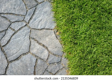 The Paving And Lawn Of A Modern Garden, Seen From Above. Garden Path.