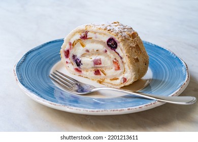 Pavlova Cake Slice Is A Meringue-Based Dessert Served With Plate. 