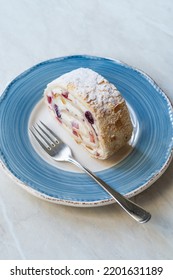 Pavlova Cake Slice Is A Meringue-Based Dessert Served With Plate. Ready To Eat.