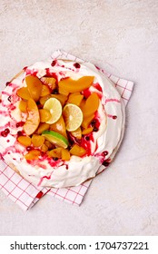 Pavlova Meringue Cake Decorated With Peach Berry Jam And Lime Tasty Homemade Dessert Top View