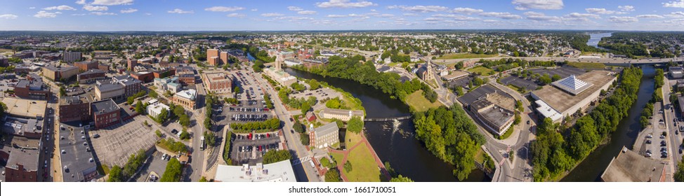 Pawtucket city hall on Roosevelt Avenue, William E Tolman High School and Blackstone River panorama aerial view in downtown Pawtucket, Rhode Island RI, USA.