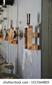 Pawtucket, RI/USA- September 28, 2019: A Vertical Image Of Switches In The National Grid Historic Bridge Mill Power Station In Rhode Island.               