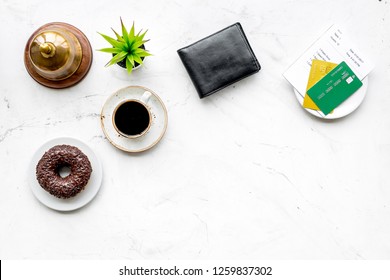 Pay The Bill, Pay At Restaurant. Check Near Wallet, Bank Card, Service Bell, Coffee On White Background Top View Copy Space