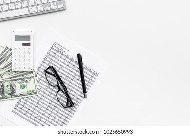 Pay Bills And Taxes. Papers, Calculator, Money On White Background Top View Copy Space