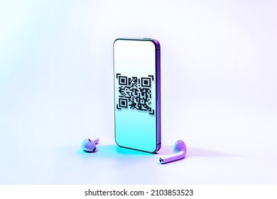 Pay qr code. Mobile smartphone screen for payment, online pay, scan barcode with qr code scanner on digital smart phone on neon background. Business and technology concept