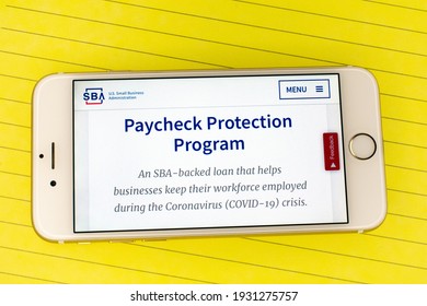 Paycheck Protection Program PPP Page Of The U.S. Small Business Administration Website On A Phone. PPP Loan Helps Businesses Keep Their Workforce Employed - San Jose, California, USA - 2021