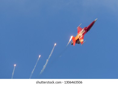 Payerne, Switzerland - September 1, 2014: Northrop F-5E fighter aircraft from the Swiss Air Force formation display team Patrouille Suisse.