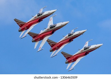 Payerne, Switzerland - September 1, 2014: Patrouille Suisse formation display team of the Swiss Air Force flying Northrop F-5E fighter aircraft.