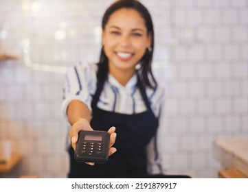 Payment, Card Reader And Money With A Friendly Coffee Shop Employee Or Cafe Worker Holding A Scanner To Service An Order. Tap To Pay, Nfc And Simple Technology To Purchase, Buy Or Make A Purchase