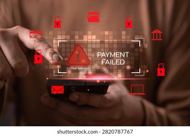 Payment failed and cybersecurity warning concept with a user using a smartphone during a blocked online transaction. Digital payment security, fraud detection, financial risk, banking protection.
