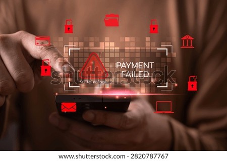 Payment failed and cybersecurity warning concept with a user using a smartphone during a blocked online transaction. Digital payment security, fraud detection, financial risk, banking protection.