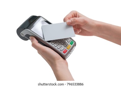 Payment With NFC Tecnology Credit Card On Pos Terminal In Woman Hands Isolated On A White Background