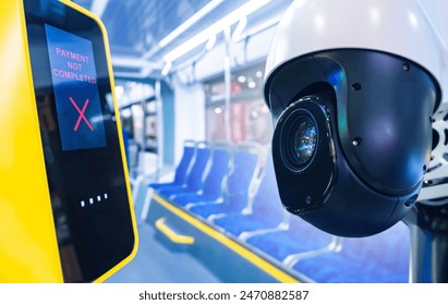 Payment not completed. Broken NFC terminal on bus. Videcam. Payment control on bus. Problems of accepting payments in public transport. Failure of bus NFC terminal. Validator for payment inside tram - Powered by Shutterstock